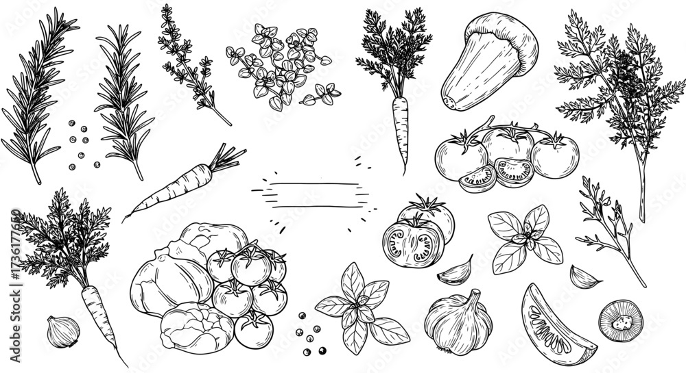 Fototapeta premium A collection of fresh herbs and vegetables, including rosemary, basil, garlic, carrots, and tomatoes, perfect for culinary and design projects