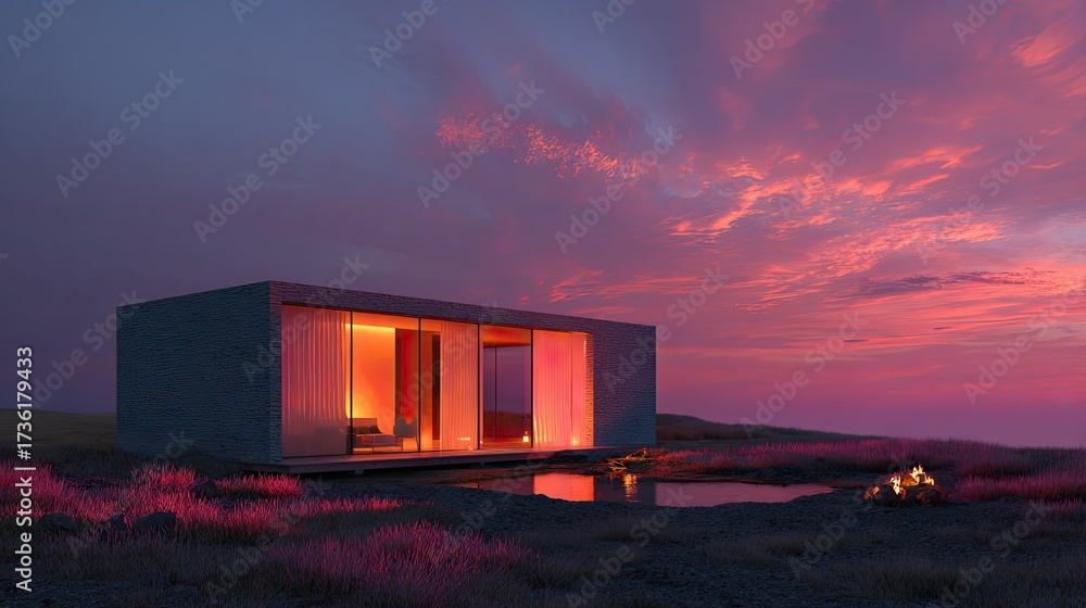 Obraz premium Modern minimal house reflecting colorful sunset sky
