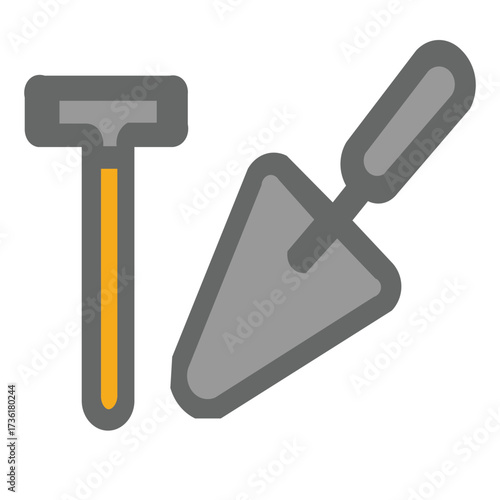 A graphic illustration of a T-shaped safety razor and a pointed masonry trowel.