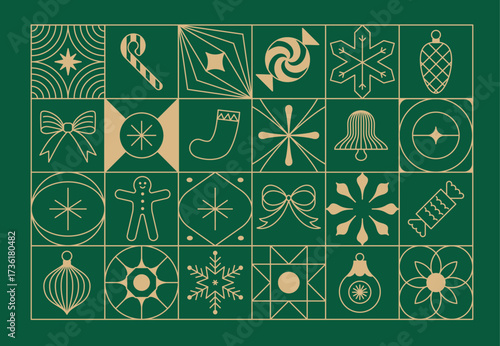 Vector Christmas and New Year design templates for advent calendars, greeting cards, packaging, prints, banners, and minimal graphics in a linear style