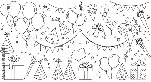 Hand-drawn doodle icons and elements celebrating birthdays, parties, and holidays with festive symbols
