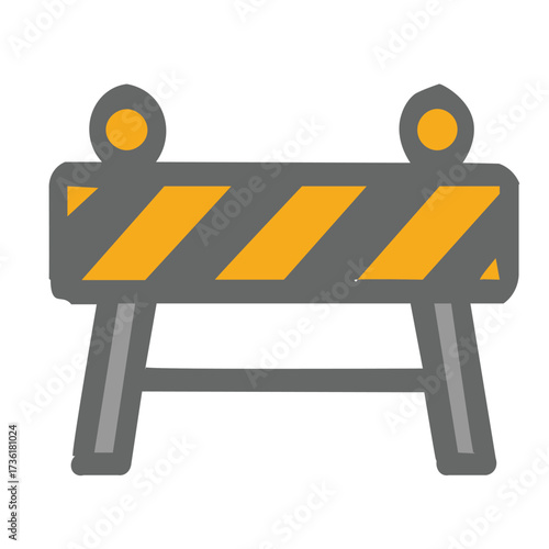 A simple icon of a road construction barrier with yellow and black diagonal stripes and two warning lights.