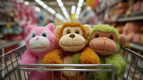 Joyful Trio - Colorful Plush Toys on a Whimsical Shopping Cart Ride in a Toy Aisle.