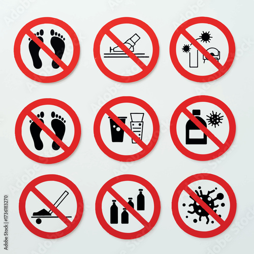 Flat modern vector icon sheet of prohibition signs including red circle with slash on various symbols against a clean white background.