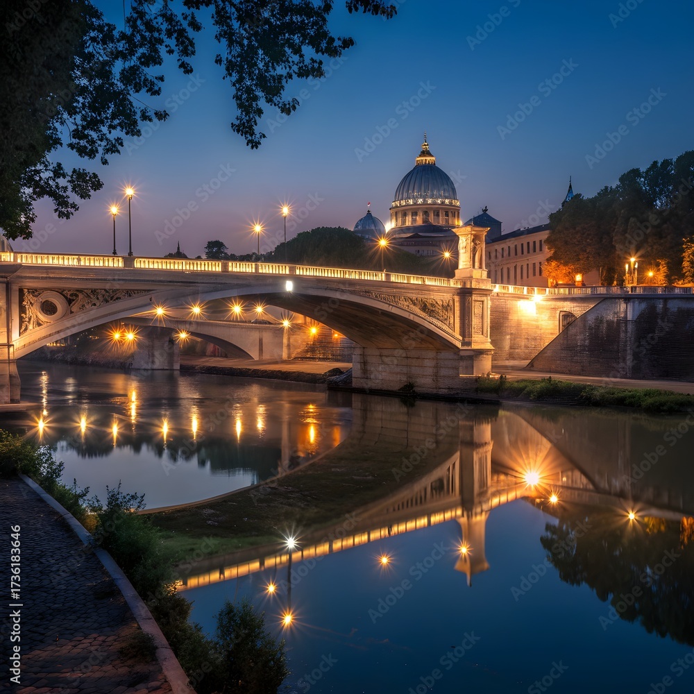 Obraz premium Rome cityscape, evening view, illuminated bridge, St. Peter's Basilica