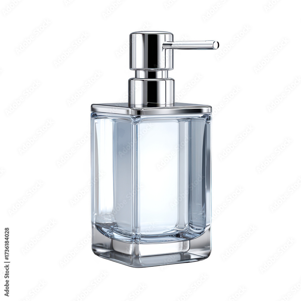 Obraz premium Elegant clear glass soap dispenser with chrome pump isolated on transparent background