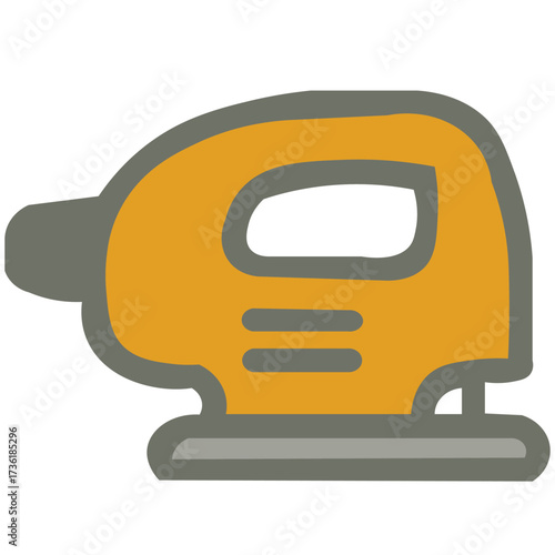 A simple, stylized illustration of a yellow orbital sander with a gray base and handle.