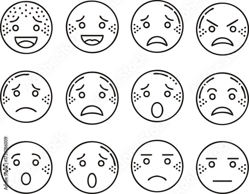 A collection of twelve circular cartoon faces, each with distinct line-art expressions representing a range of human emotions from joy and surprise to sadness and anger.