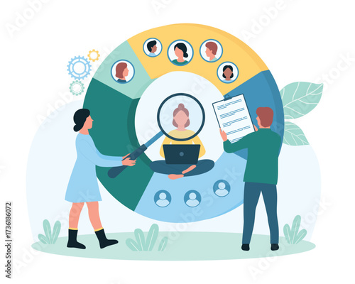 Audience segmentation vector illustration. Cartoon tiny people holding magnifier to research potential client and brands niche, divide category and groups of different people in infographic pie chart