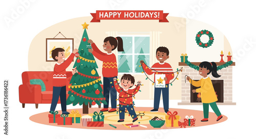 Family decorating Christmas tree with gifts and fireplace in background.