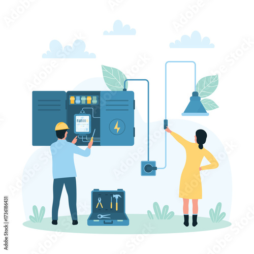 Inspection and maintenance repair service of panel cabinet with electric meter vector illustration. Cartoon electrician standing near breaker and fuse box, fixing electricity failure and switchboard