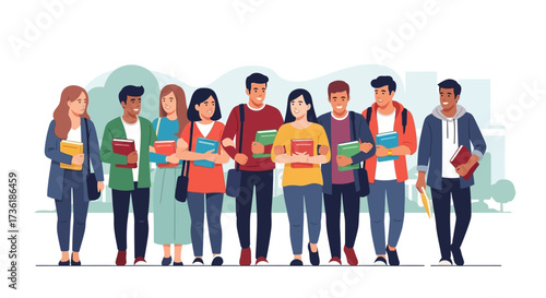 Group of diverse students standing together, holding books, and smiling, representing education and community.