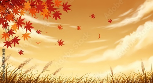 Autumn leaves falling gently against a golden sky with tall grasses