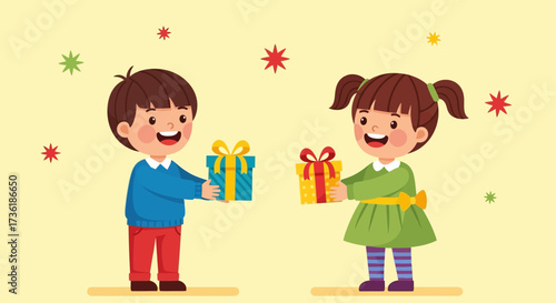 A boy and a girl exchanging gifts with smiles on their faces, surrounded by festive confetti.
