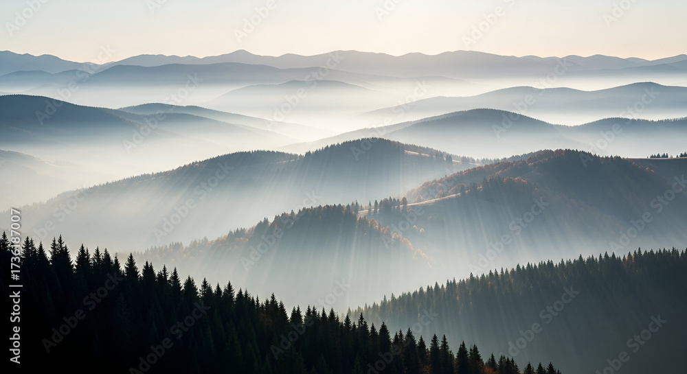 Fototapeta premium Sunbeams Through Misty Mountains and Pine Forests at Sunrise