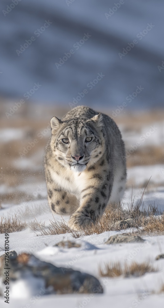 Obraz premium Snow leopard in motion across snowy terrain.