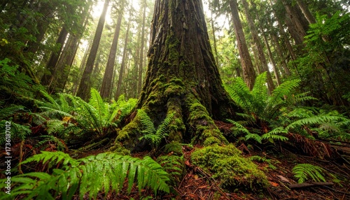 Wallpaper Mural Large ferns and moss growing around the base of a solitary tree trunk Torontodigital.ca