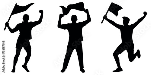 Vector Silhouette Set of Sports Fans Holding Flag Jumping and Clapping