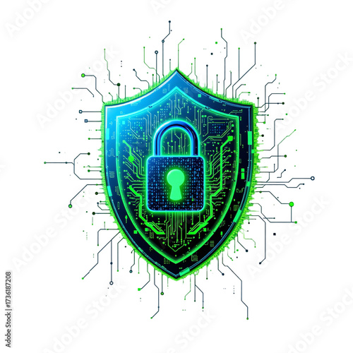 Cybersecurity action shield digital world graphic design high-tech environment futuristic viewpoint data protection concept