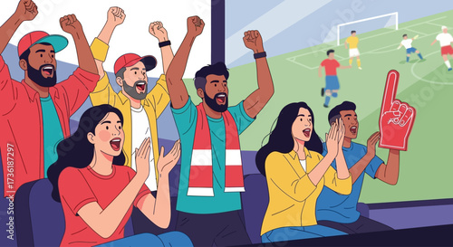 A diverse group of friends cheering enthusiastically while watching a live soccer match from the stadium stands.