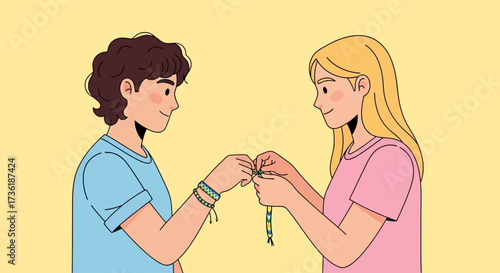 Two smiling friends, a boy and a girl, tying a colorful friendship bracelet on the boy's wrist, symbolizing their bond.