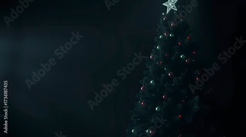 Eerie creepy atmosphere with high-contrast, low-key lighting on a beautiful Christmas tree, deep shadows, dramatic effect, dark tones, and unsettling details