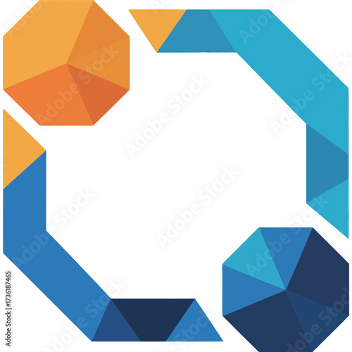 Abstract geometric design featuring blue and orange polygons creating a square frame with white space silhouette