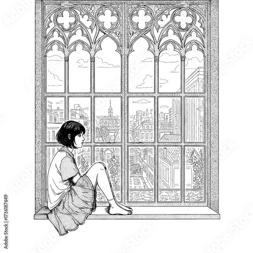 A contemplative young woman gazes out of a Gothic window at the cityscape, a moment of quiet reflection amidst urban life