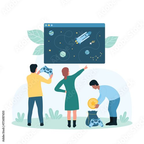 Gamification, game in virtual world vector illustration. Cartoon tiny people play video game with gamepad, gamers travel in digital simulation of space and control with buttons spaceship on screen