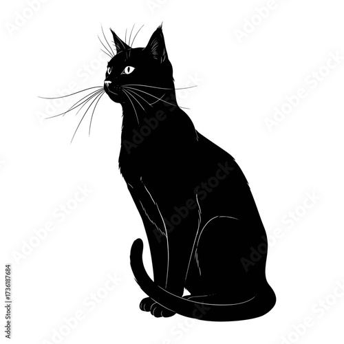 Black Cat Sitting Upright Illustration - A Sleek Silhouette with Expressive Eyes
