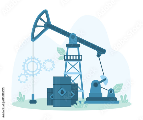 Oil industry equipment, pumpjack and barrels vector illustration. Cartoon drilling rig and pump in crude oil well, industrial machine for oilfield exploration for petroleum production and trade
