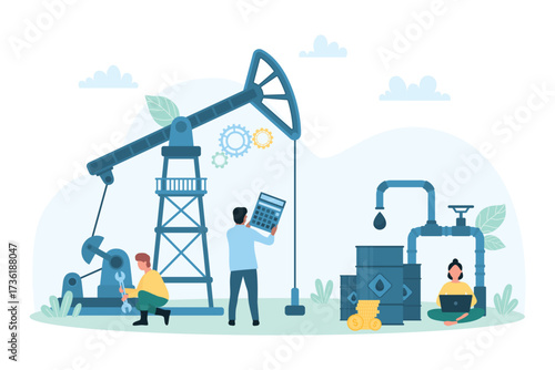 Calculation of profit from oil sales and trades vector illustration. Cartoon tiny people calculate price of barrel of raw oil on calculator, fill container with black gold through pipeline with valves