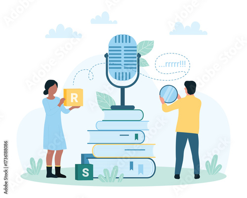 Speech therapy for voice pathology vector illustration. Cartoon tiny people training pronunciation with mirror and microphone, woman pathologist teaching man patient to practice speaking sounds