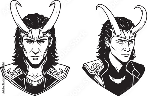 Nordic god Loki vector illustration set isolated for mythology and Viking designs. Simple black and white vector illustration of Loki of Norse mythology