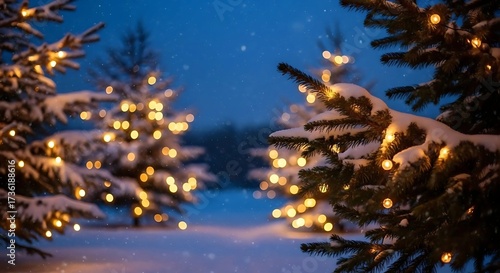 Snowy christmas trees illuminated with warm lights at night outdoors
