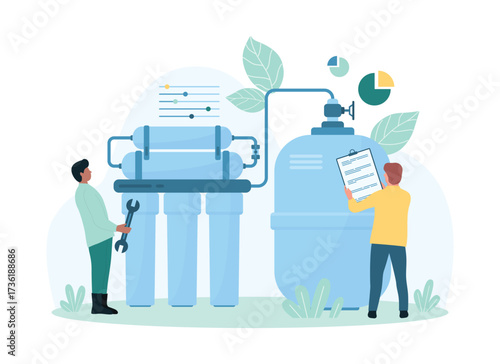 Water purification with reverse osmosis filtration vector illustration. Cartoon tiny people repair domestic water treatment system with RO membrane filter, tank and pipes, installation by engineers