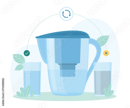 Water purification with filter in pitcher vector illustration. Cartoon infographic scheme with filtration plastic container, glasses with dirty and clean blue purified water, carbon filter in jug
