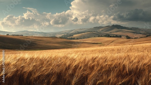 Golden Wheat Field Under Dramatic Tuscan Sky with Rolling Hills.