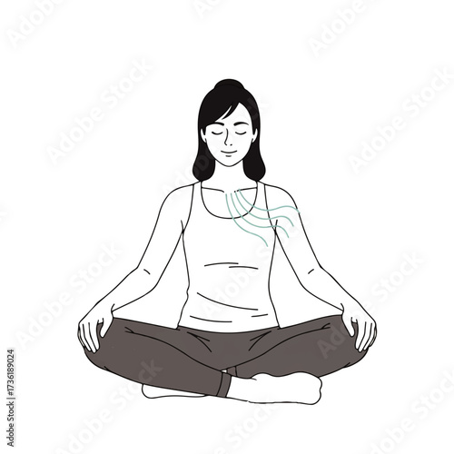 Serene illustration of a woman in deep meditation, embodying mindfulness, inner calm, and spiritual well-being for a balanced lifestyle