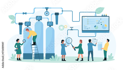 Water treatment quality control vector illustration. Cartoon tiny people with magnifying glass test turbidity of water after filtration in purification plant facility, equipment verification process