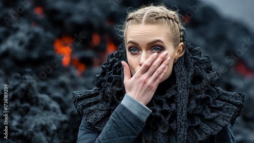 Shocked woman in black fashion in of fiery volcano