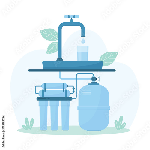 Home water purification vector illustration. Cartoon infographic scheme of filtration system for home use, filter containers and plastic tank for water storage under tap in kitchen or bathroom