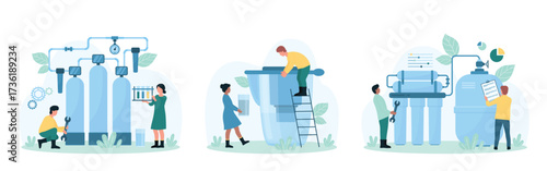 Water purification set vector illustration. Cartoon tiny people repair water treatment facility, test quality of reverse osmosis filtration, installation and inspection of huge filters by engineers