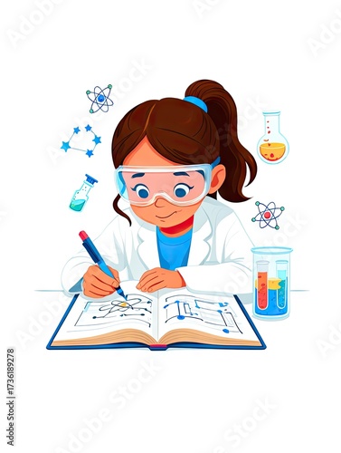 Young girl scientist doing research writing notes in her laboratory book
