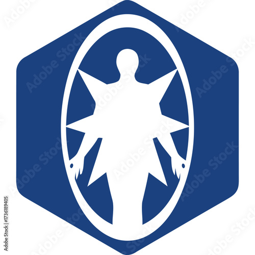 Abstract figure with starburst limbs inside an oval shape within a blue hexagon design element graphic silhouette
