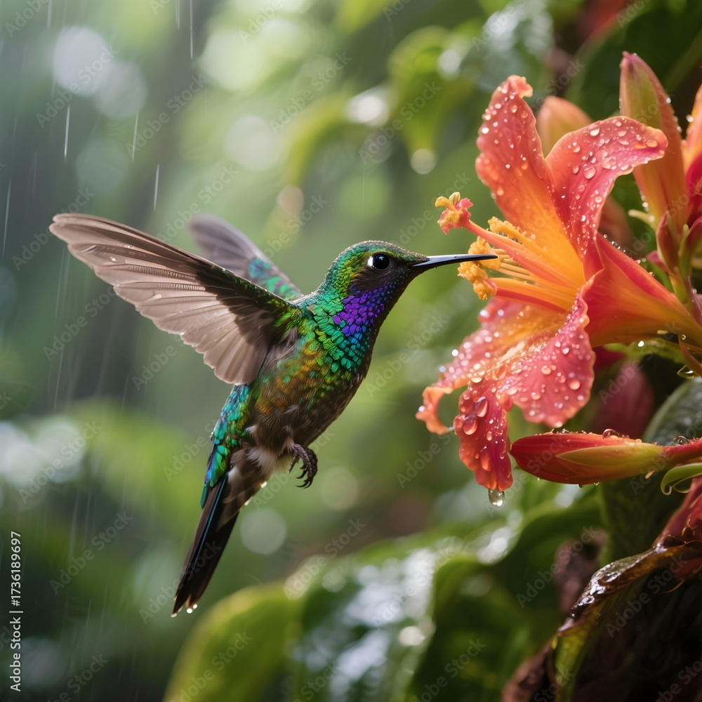 Fototapeta premium Hummingbird in rain: A vibrant hummingbird hovers near a blooming orange flower, with water droplets, in a display of vivid detail and graceful motion.