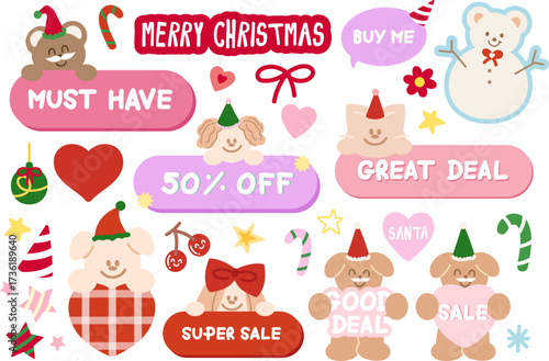 Cute Christmas sale icons such as must have, great deal, 50% off, super sale with teddy bear, puppy, cat for online shopping, promotion, sticker, banner, special price, discount, button, campaign, ads