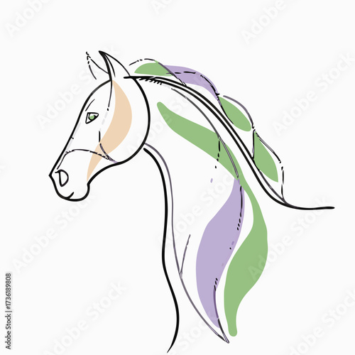 Stylized horse head profile with flowing mane in pastel colors vector illustration