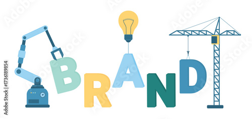 Automation in brand creation and development vector illustration. Cartoon isolated futuristic factory robot arm and construction crane build Brand word, create identity and commercial trends with AI