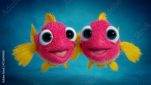 Fuzzy colorful fish with big eyes bright colors in blue background